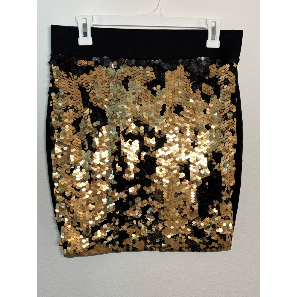 Soho New York & Company Gold Black Sequin Mini Skirt Small Stretch Bodycon Party